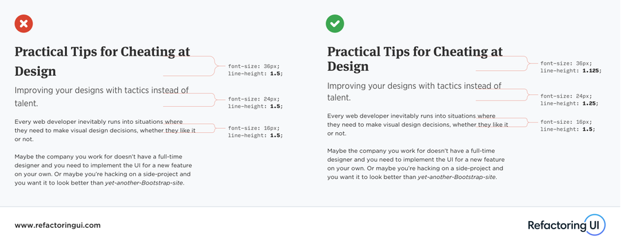 Two examples of a text block: one showing a common style and the other showing how to use line height to improve text styles and readability